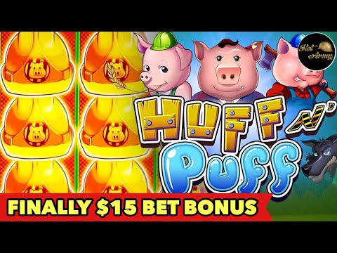 🐷FINALLY $15 BET BONUS🐷HIGH LIMIT HUFF N PUFF BONUS SUPER BIG WIN SLOT MACHINE